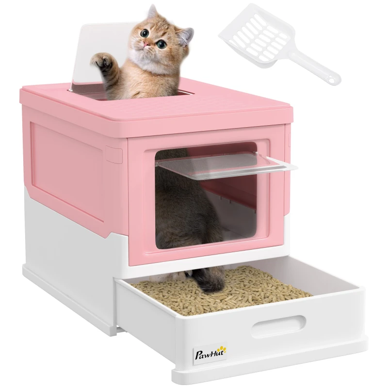 Image of PawHut Hooded Cat Litter Box - Pet Toilet w/ Scoop - Tray - Pink TJ Hughes 5063603017856