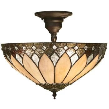 image of Interiors Brooklyn - 3 Light Medium Semi Flush Ceiling Light Bronze, Tiffany glass, E27