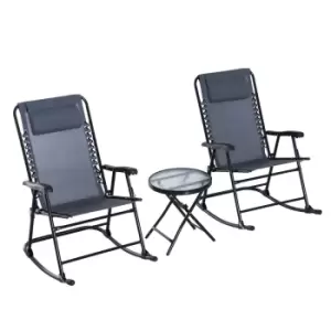 image of Outsunny 3pc Outdoor Rocking Set w/ 2 Folding Chairs and 1 Tempered Glass Table - Grey