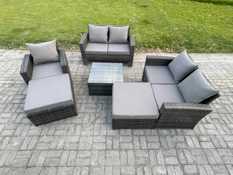 Image of Fimous 7 Seater Rattan Outdoor Garden Furniture Sofa Set Table & Chairs with 2 Big Footstool Dark Grey Mixed Dark Grey Unisex