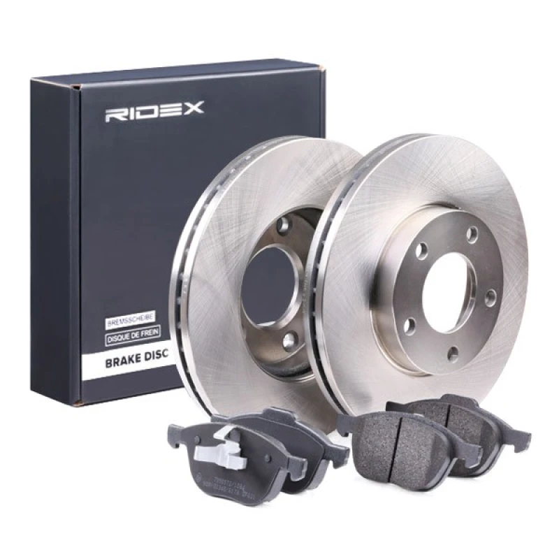 Image of RIDEX 3405B0171 Brake disc and pads set Front Axle, Brake Disc Type: Vented, excl. wear warning contact Brake Set,disc brakes (3405)