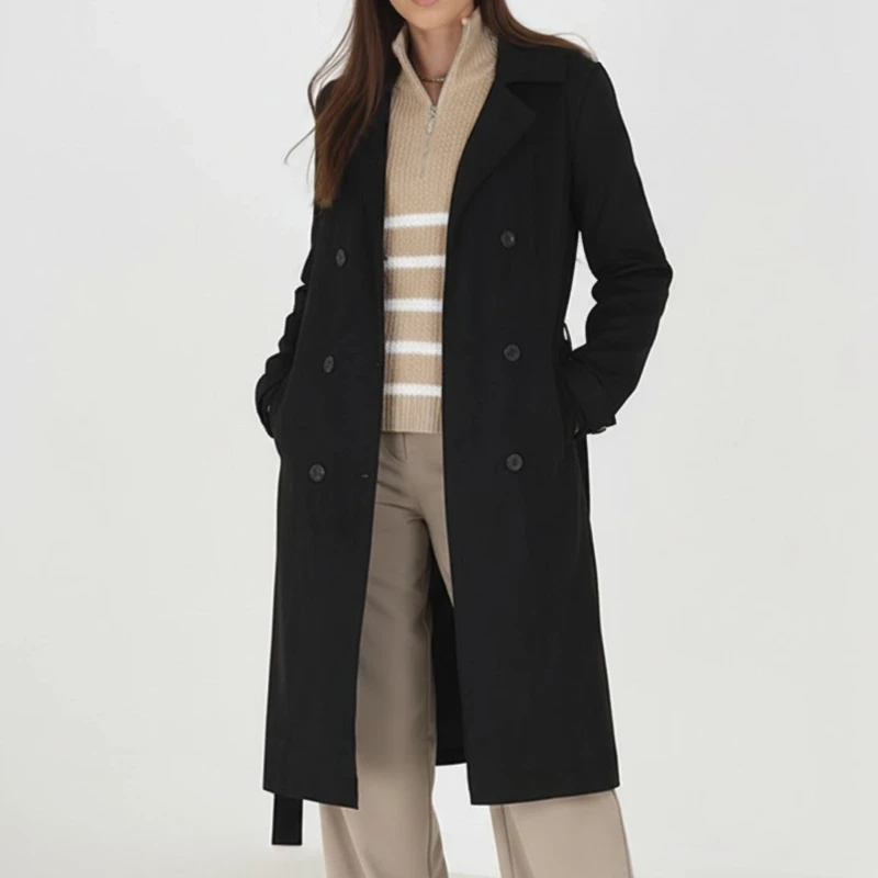 Image of Brave Soul BS Womens Faux Suede Trench Coat with Belt Black female 8 (XS)