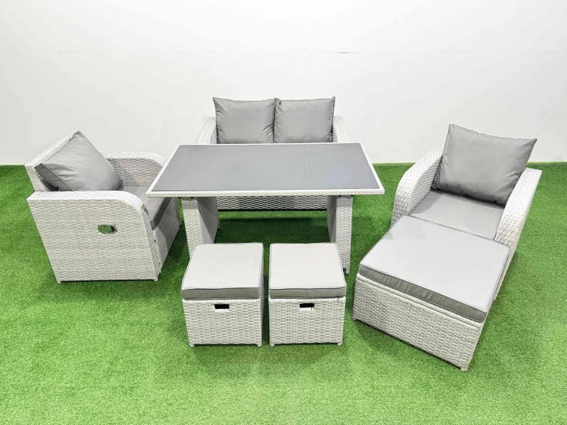 Image of Fimous Outdoor Rattan Garden Furniture Dining Set 7-seater with 3 Stools in Light Grey Light Grey Unisex