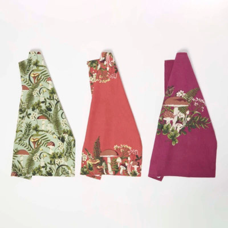 Image of Homescapes Kitchen Towels With Mushroom Pattern, Set Of 3 Cotton Towels
