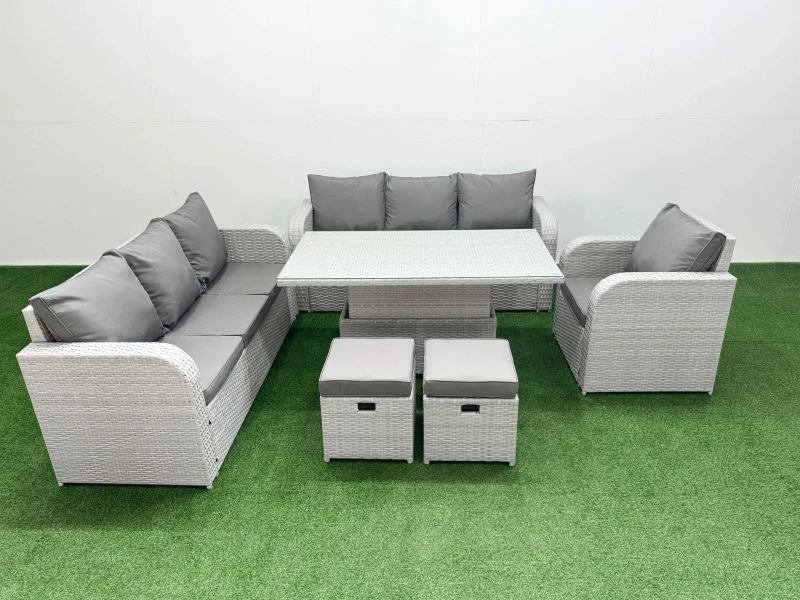Image of Fimous 9 Seater Poly Rattan Outdoor Garden Furniture Adjustable Lifting Dining or Coffee Table Sofa Set Patio 3 Seater Sofa Reclining Chair 3 Seater S