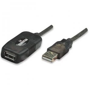 Image of Manhattan USB-A to USB-A Extension Cable 20m Male to Female Active 480 Mbps (USB 2.0) Daisy-Chainable Built In Repeater Hi-Speed USB Black Three Year