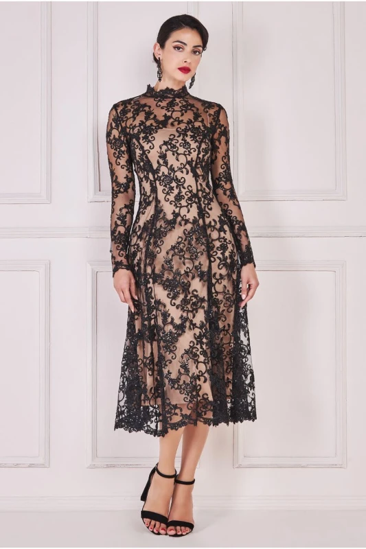 Image of Goddiva Womens Lace Multiway Midi With Flared Skirt in Black Size: 10 Black Female 10