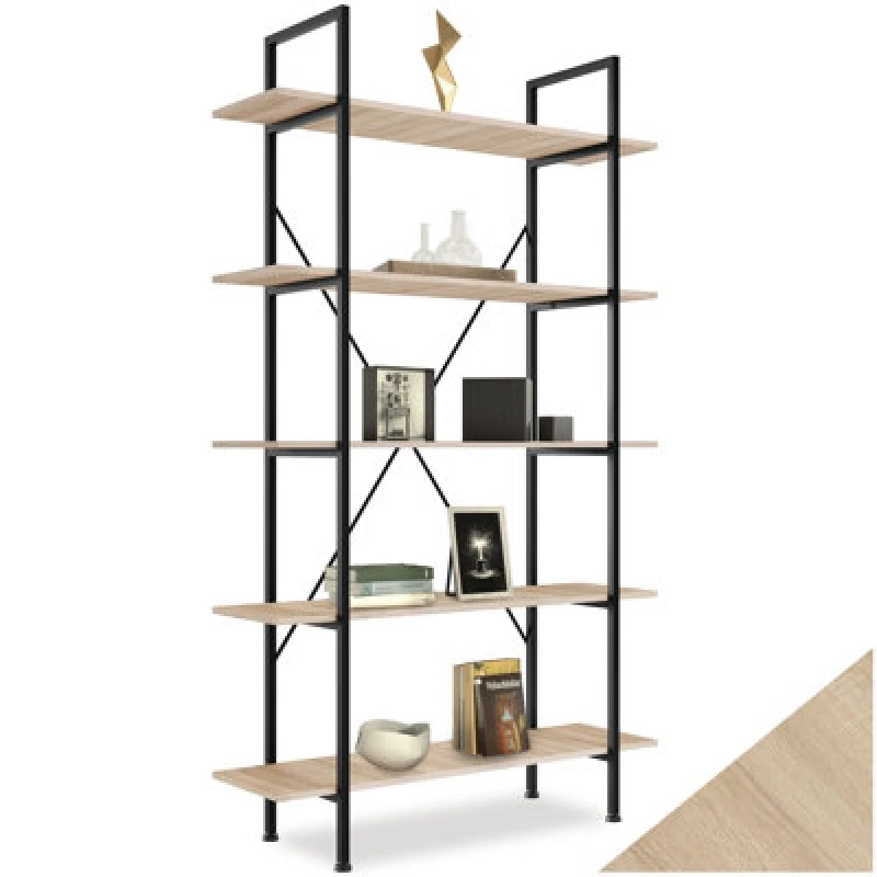 Image of Tectake Ladder Shelf Glasgow - 5 Slim Shelves - Industrial Wood Light, Oak Sonoma