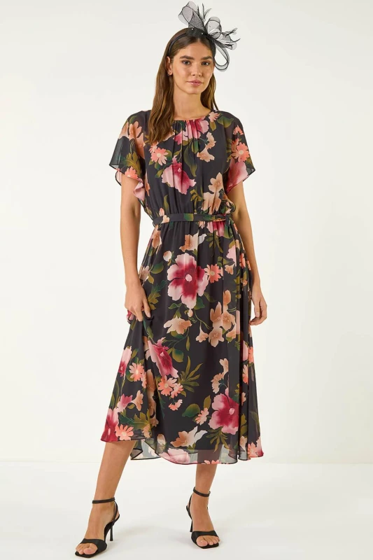 Image of Roman Womens Floral Split Sleeve Midi Dress in Black Size: 10 Black Female 10