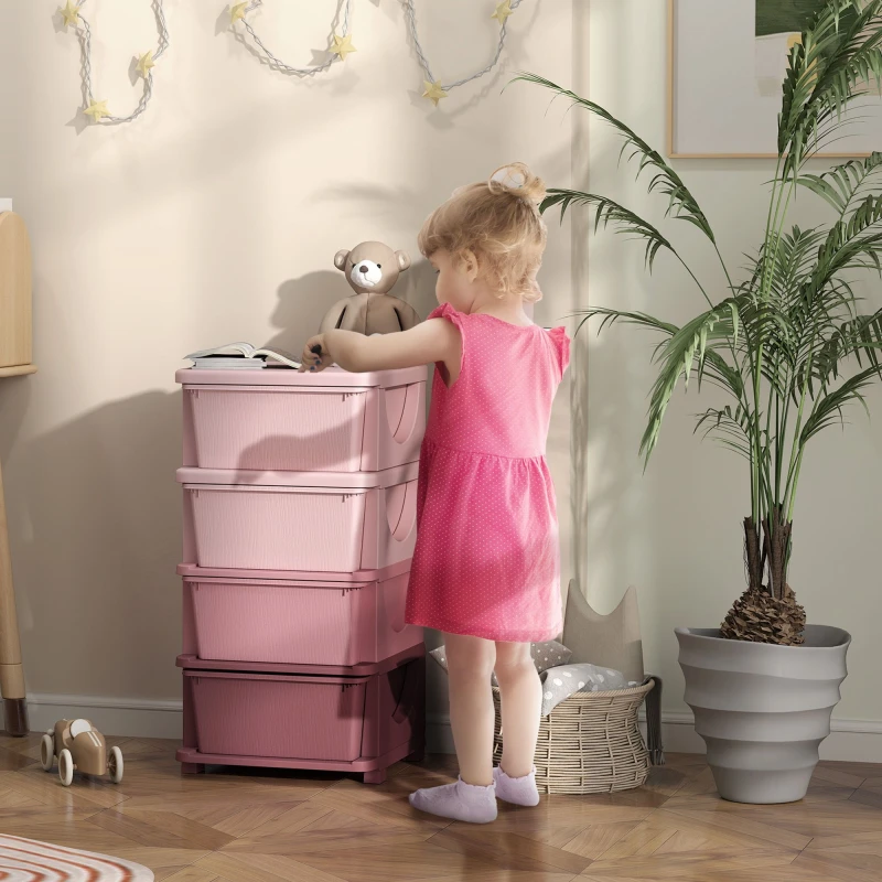 Image of Homcom Four-Tier Kids Storage Boxes, Plastic Storage Units With Four Drawers, Pink