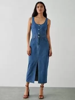 Image of Dorothy Perkins Denim Pinafore Midi Dress - Mid Wash, Blue, Size 12, Women