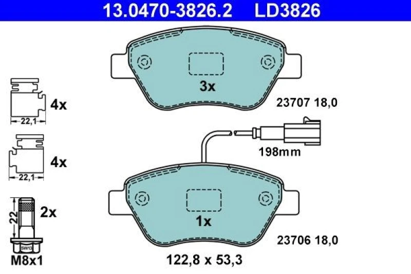 Image of ATE 13.0470-3826.2 Brake pad set incl. wear warning contact, with accessories, with brake caliper screws Brake Pad Set,disc brake (402)