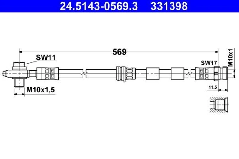 Image of ATE 24.5143-0569.3 Brake Hose with banjo bolt Brake Hose (83)