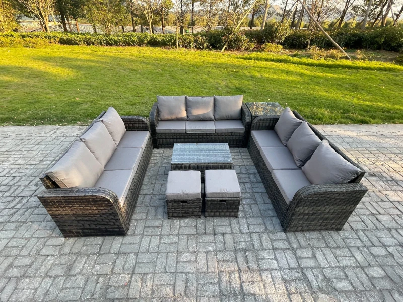 Image of Fimous Rattan Lounge Sofa Set 11 Seater Outdoor Garden Furniture Set with Rectangular Coffee Table 3 Seater Sofa Side Table 2 Small Footstools Dark Gr