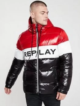 Image of Replay Colour Block Padded Jacket - Red/White/Black