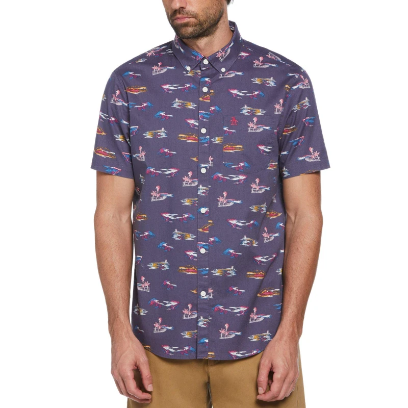Image of Original Penguin Mens Short-Sleeve Plain Shirt Blue Indigo male Small