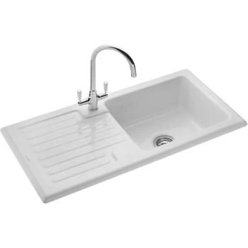 image of Rangemaster - Rustic Kitchen Sink Single Bowl White Ceramic Inset Reversible Waste