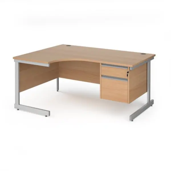 image of Office Desk Left Hand Corner Desk 1600mm With Pedestal Beech Top With Silver Frame 1200mm Depth Contract 25 CC16EL2-S-B