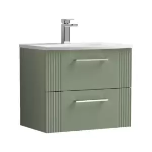 Nuie Deco Satin Green 600mm Wall Hung 2 Drawer Vanity Unit with 30mm Curved Profile Basin - DPF893G - Satin Reed Green