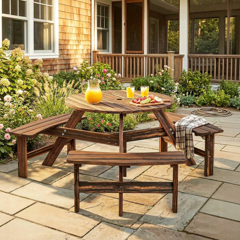 Image of OUTSUNNY 6 Person Fir Wood Table Bench Set Outdoor Garden Patio, Carbonized in Brown Brown Unisex
