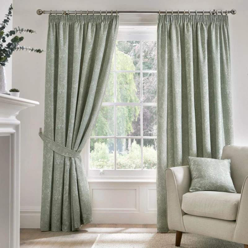 Image of Dreams and Drapes Jacobean Motif Curtains With Tie-Backs - Green Green 90x90 Inch