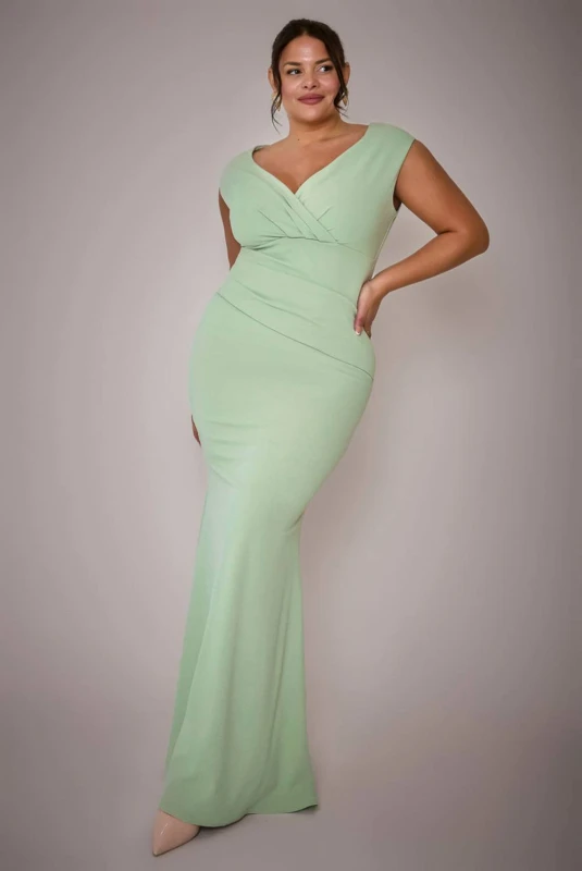 Image of Goddiva Womens Bardot Pleated Maxi Dress in Pale Green Size: 18 Pale Green Female 18