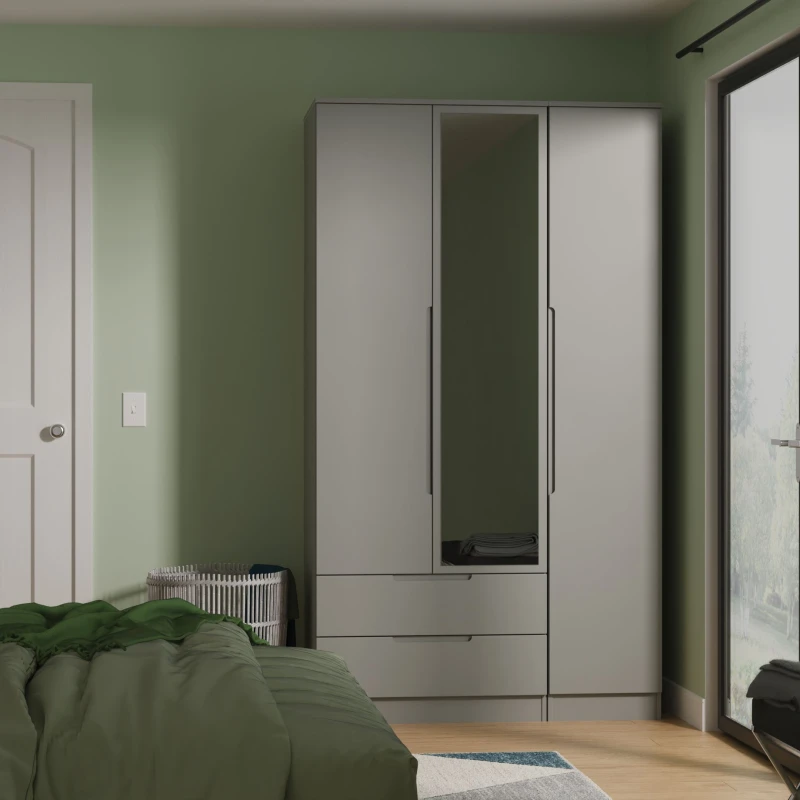 Image of Welcome Furniture Ready Assembled Milan Tall Triple 2 Drawer Mirrored Wardrobe In Dusk Grey MIL142DGDG