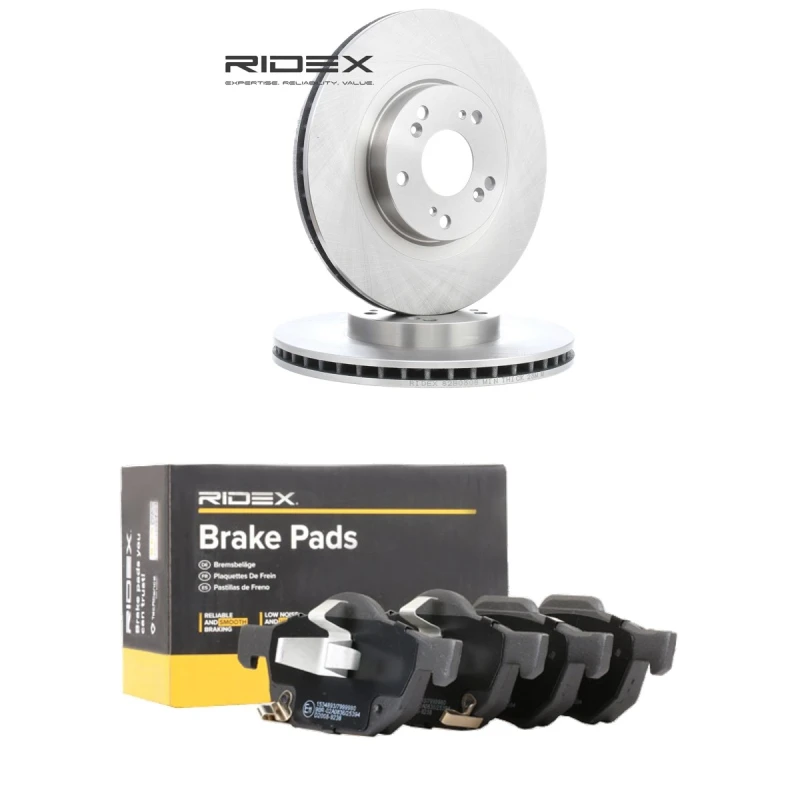 Image of RIDEX 3405B2694 Brake disc and pads set Front Axle, Brake Disc Type: internally vented, incl. wear warning contact Brake Set,disc brakes (3405)
