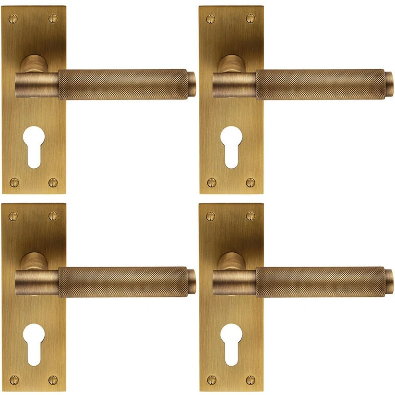 Image of Loops 4x PAIR Knurled Round Lever on Slim Euro Lock Backplate 150 x 50mm Antique Brass Metallics