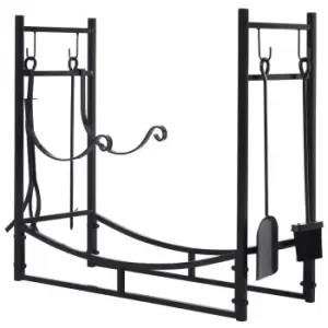 Image of Outsunny Firewood Stand Log Rack Holder 84Cm With 4-pc Fireplace Tools Set Black