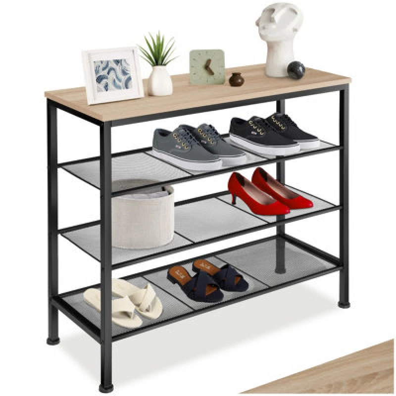 Image of Tectake Shoe Rack Newport - Surface Shelf And 3 Grid Shelves, Industrial Style - Industrial Wood Light, Oak Sonoma