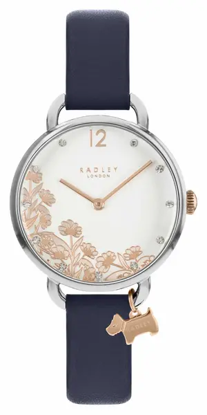 image of Radley RY21273 Womens Rose Gold Floral Dial Blue Leather Watch