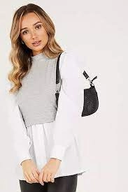 Image of Quiz Grey Ribbed High Neck Shirt - 8