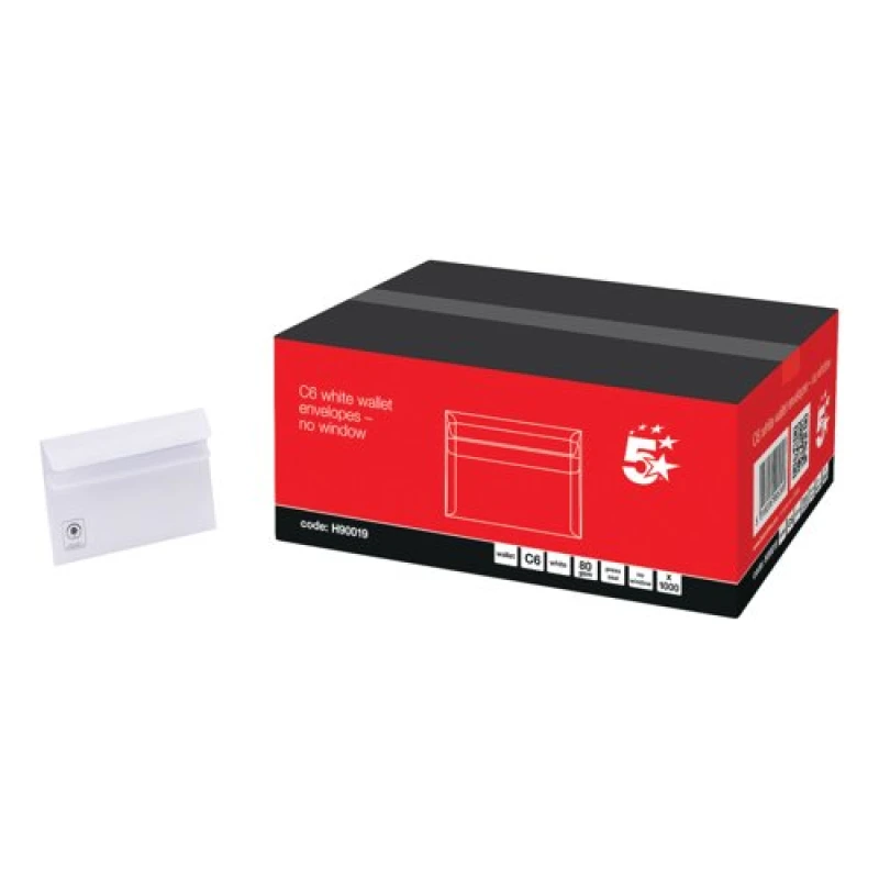 Image of 5 Star Office Envelopes Recycled Wallet Self Seal Lightweight 80gsm C6 White (1000 Pack) H90019