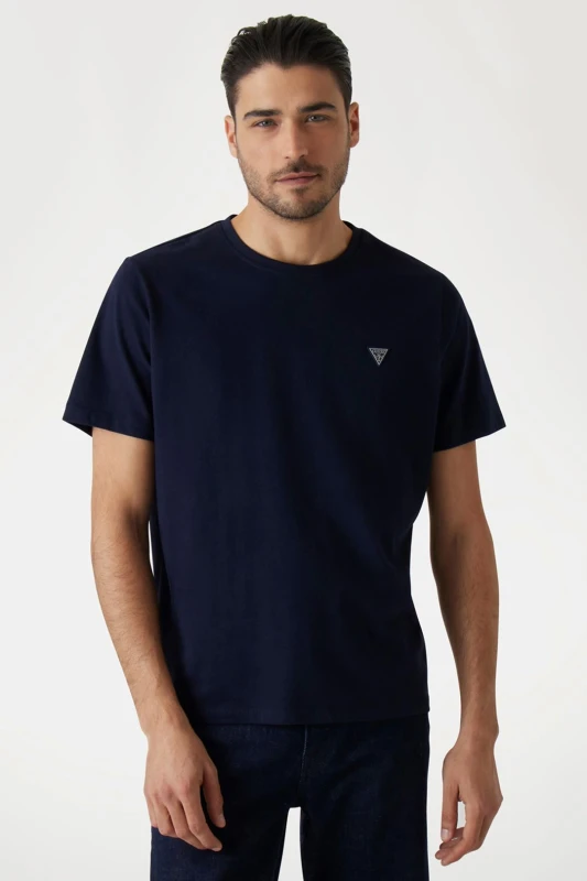 Image of Guess Mens Crew Neck Patch Tee Logo Blue Size: Small Blue Male S