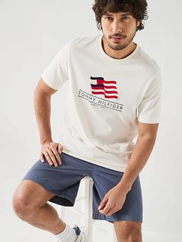 Image of Tommy Hilfiger Americana Flag Short Sleeve T-Shirt Ecru Cotton S
