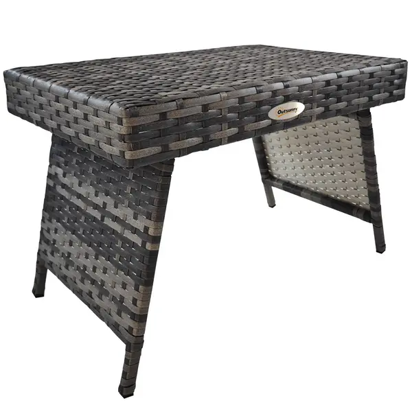 Image of Foldable Outdoor Coffee Table, Metal Frame Rattan Side Table, Mixed Grey