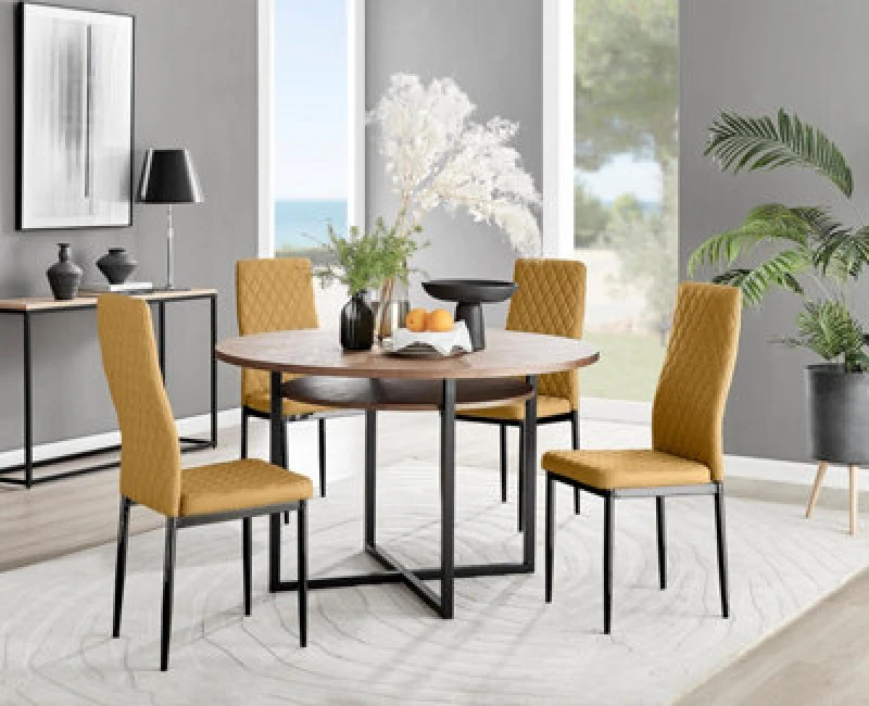 Image of FurnitureboxUK FurnitureboxUK Adley Brown Wood Storage Dining Table & 4 Velvet Milan Black Leg Chairs in Mustard Mustard One Size Unisex 5056657141714