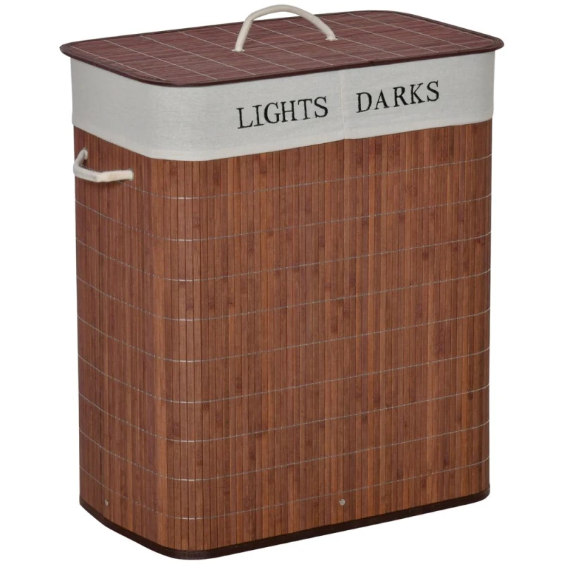 Image of HOMCOM 100L Laundry Basket with Lid String Handles, 2 Section Collapsible Hamper Removable Lining Foldable Water-Resistant Dirty Clothes Storage Brown