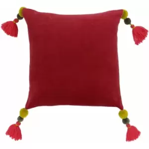 image of Riva Paoletti Poonam Faux Velvet Pom Pom Tasselled Cushion Cover, Pomegranate/Lemon Curry, 45 x 45 Cm