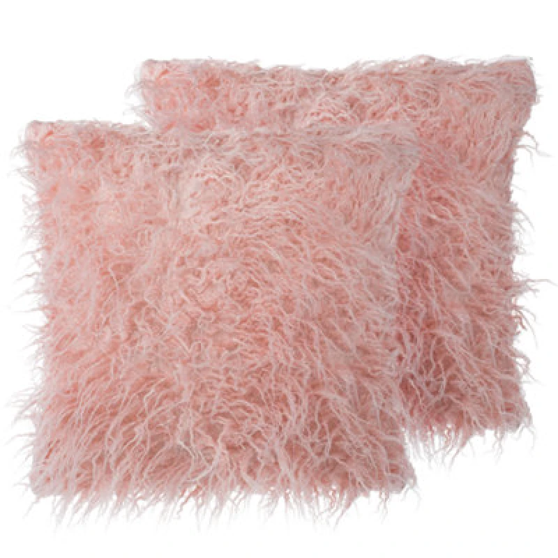 Image of Beliani Set Of 2 Decorative Cushions Daisy Faux Fur 45 X 45cm Pink Solid