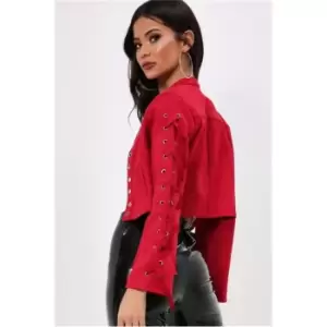 Image of I Saw It First Faux Suede Eyelet Detail Crop Jacket - Red