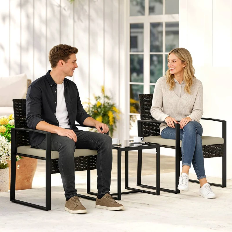 Image of OUTSUNNY Rattan Bistro Set, 3 PCS Garden Furniture with Cushion in Khaki Khaki Unisex