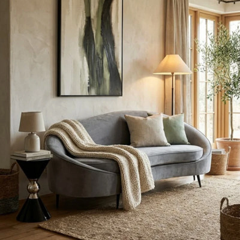 Image of Orsina Hasina Three Seat Grey Velvet Sofa