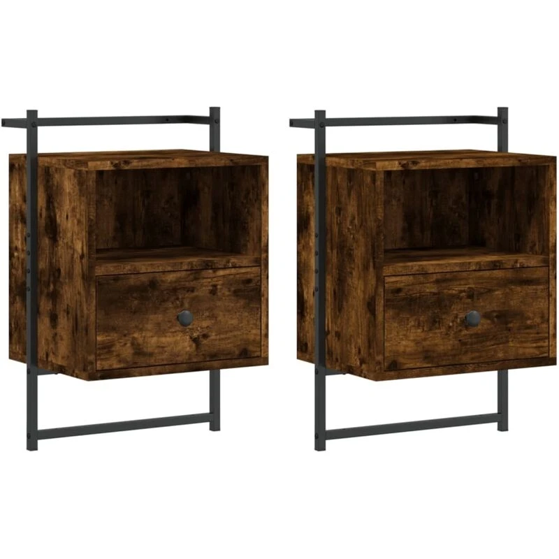 Image of Vidaxl Bedside Cabinets Wall-mounted 2 Pcs Smoked Oak 40X30X61cm Engineered Wood, Brown 833438