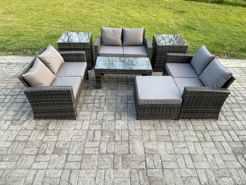Image of Fimous 7 PCS Outdoor Lounge Sofa Set Wicker PE Rattan Garden Furniture Set with Coffee Table Double Seater Sofa in Dark Grey Dark Grey Unisex