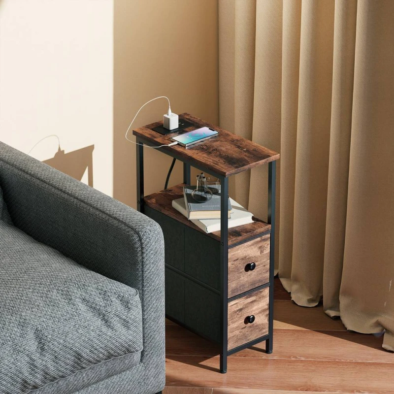Image of HOMCOM Side Table, Narrow Bedside Table with Charging Station, 2 Drawers in Dark Brown Dark Brown Unisex