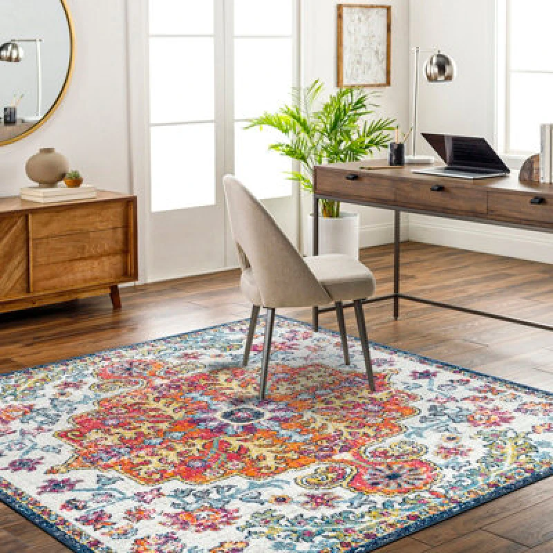 Image of Livabliss Square Harput-Vintage Blue Orange Yellow Grey Traditional Boho Living Dining Bedroom Rug 152 X 152cm Easy Care, Non Shedding