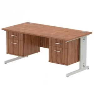 image of Impulse 1600 Rectangle Silver Cable Managed Leg Desk WALNUT 2 x 2 Drawer Fixed Ped