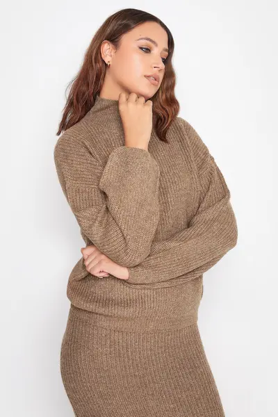 image of Long Tall Sally Tall Funnel Neck Knitted Jumper Brown